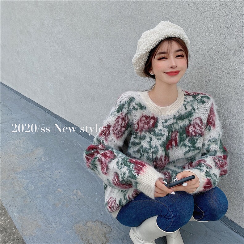 价ins马海毛磨毛质感花朵宽松软糯圆领套头毛衣,针织衫/毛衣,潮品会