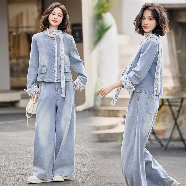 牛仔套装女春装2025新款超火开春穿搭小个子阔腿裤两件套洋气时尚，女装套装/套裙，天丝秀