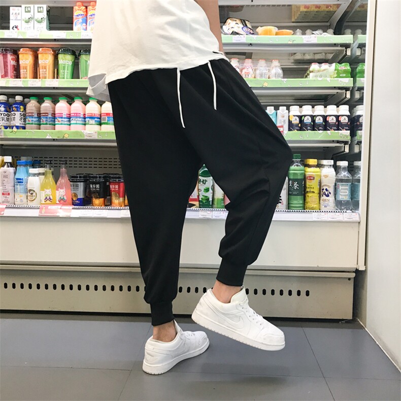纯黑九分大裆裤男束脚裤宽松低裆垮裤大码吊裆哈伦裤2435纯黑-P30,男装休闲裤,星座207