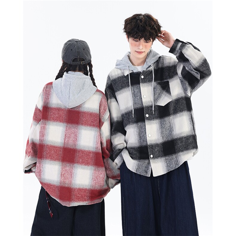 潮宽松连帽格子假两件情侣长袖外套XZ402-2-P78控108-JK2506货足,女装短外套,星座402-2