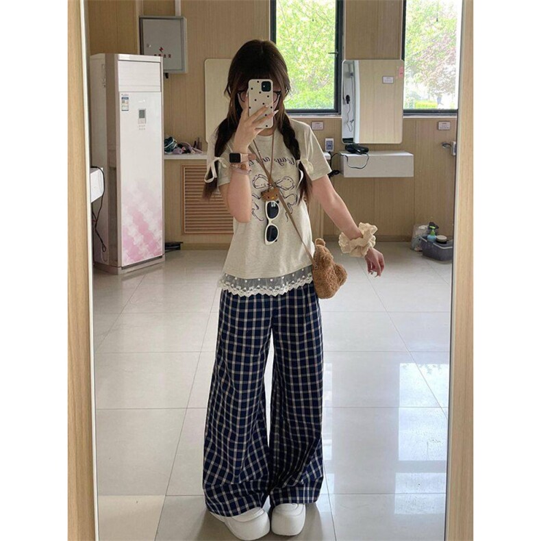 AK2352-P45休闲裤女夏季慵懒风高腰阔腿直筒裤遛弯裤拖地长裤,女装休闲裤,星座617A-2