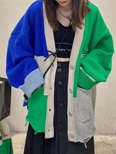 撞色不规则毛衣开衫，女装针织衫/毛衣，Queena PHoebe