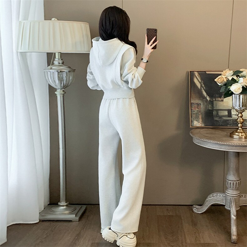 秋冬新款加绒加厚时尚运动两件套显瘦高腰宽松休闲套装,女装套装/套裙,江南