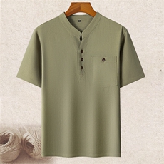 长年现货男士高品质风唐装中老年亚麻V领短袖中年棉麻T恤，男装T恤，钱塘723