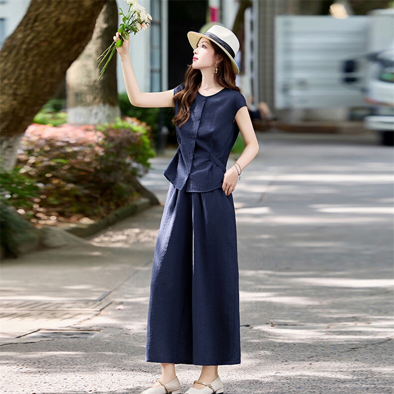 无袖上衣阔腿裤两件套装女夏季2025新款小个子休闲减龄穿搭一整套,女装套装/套裙,姿衣坊