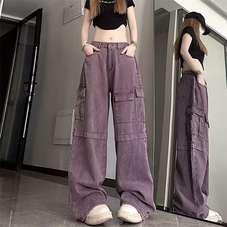 紫色美式复古工装牛仔裤男女夏秋季多口袋宽松阔腿裤高腰休闲裤子图片