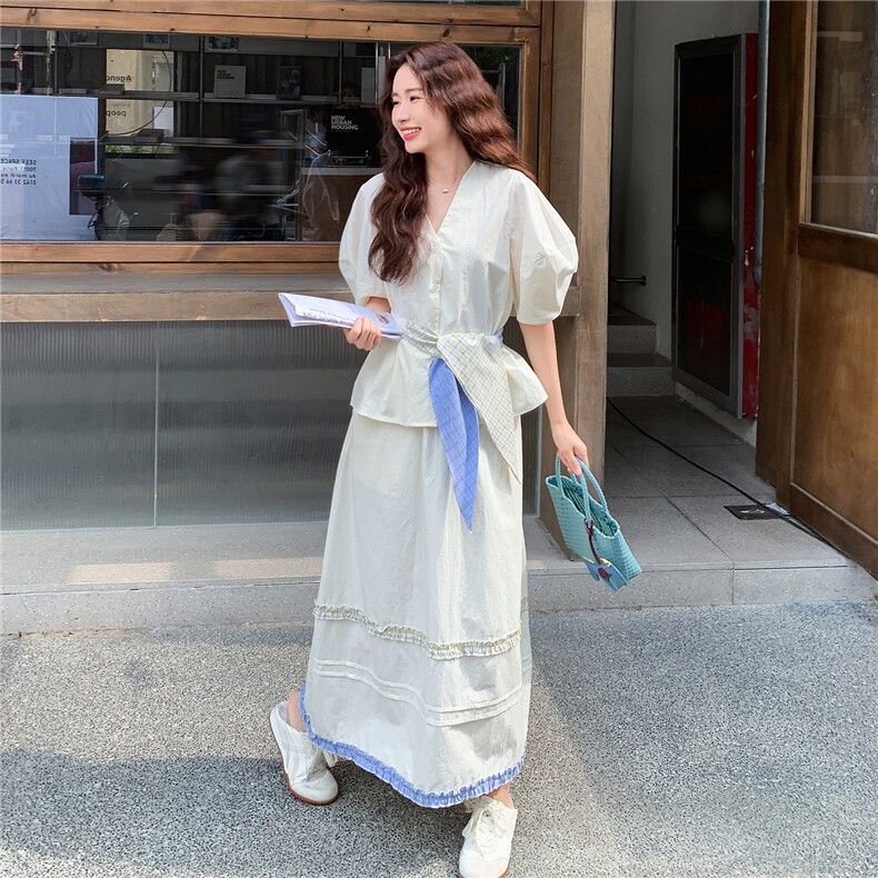 蓝色高级感衬衫套装裙女2025夏季新款巨好看气质绝美半身裙两件套,女装套装/套裙,慧尚依恋