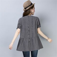 T恤2025年韩风时尚夏季短袖休闲拼接细格子韩版时尚舒适简约，女装T恤，风姿绰