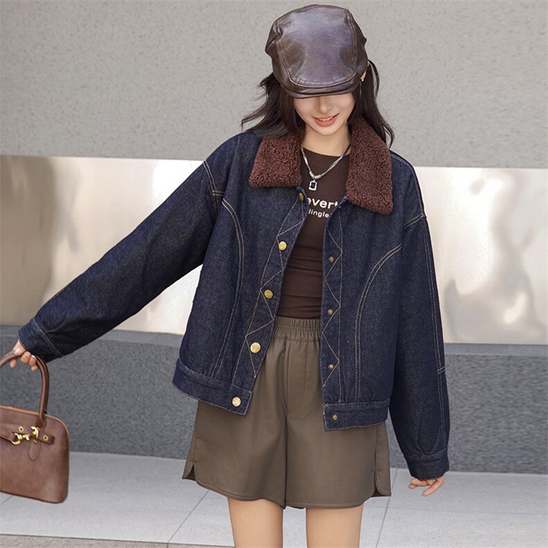 2024秋冬新款翻领潮流牛仔短外套女夹旅行出街夹棉保暖外套潮，女装牛仔外套，跑量工厂店