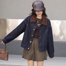 2024秋冬新款翻领潮流牛仔短外套女夹旅行出街夹棉保暖外套潮，女装牛仔外套，跑量工厂店