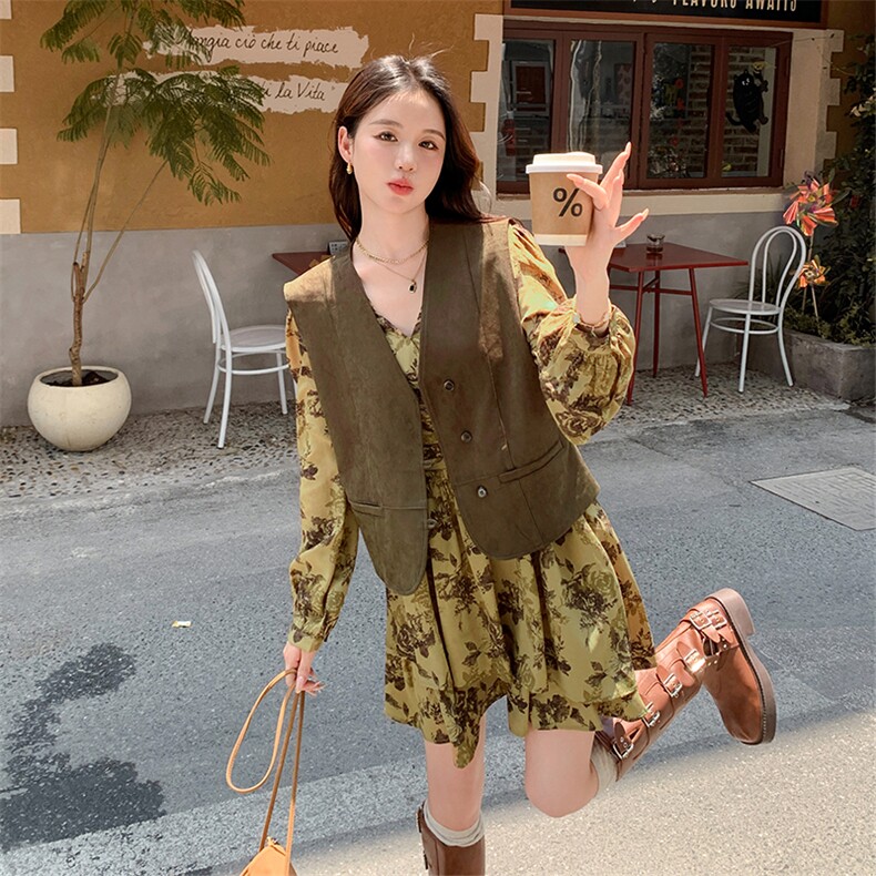 麂皮绒马甲连衣裙套装女春秋2025新款法式小个子浪漫碎花裙两件套,女装连衣裙,2C029