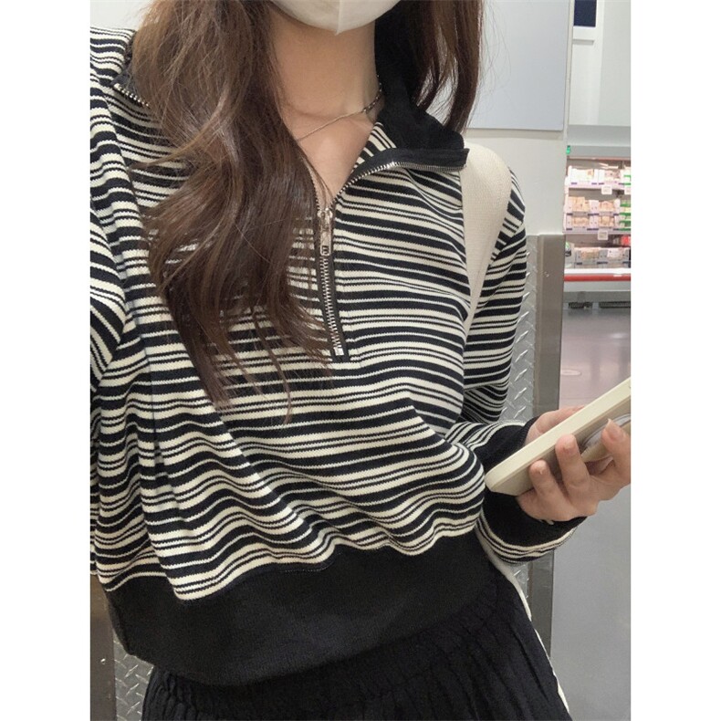 QC040-P58 半拉链立领条纹短款套头卫衣女2025春秋季新款长袖上衣图片