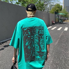 XZ213-T118-P45控58港风大码水洗做旧浮雕印花圆领短袖T恤五分袖，男装T恤，星座213