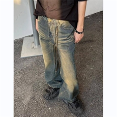 网络图现货带绳子牛仔裤男韩版潮染黄泥RY251-P55，男装牛仔裤，星座1005-4