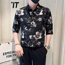店主风社会小伙男士印花中袖衬衫男痞帅衬衣301A-1/CS581/P55，男装衬衫，星座301A-1