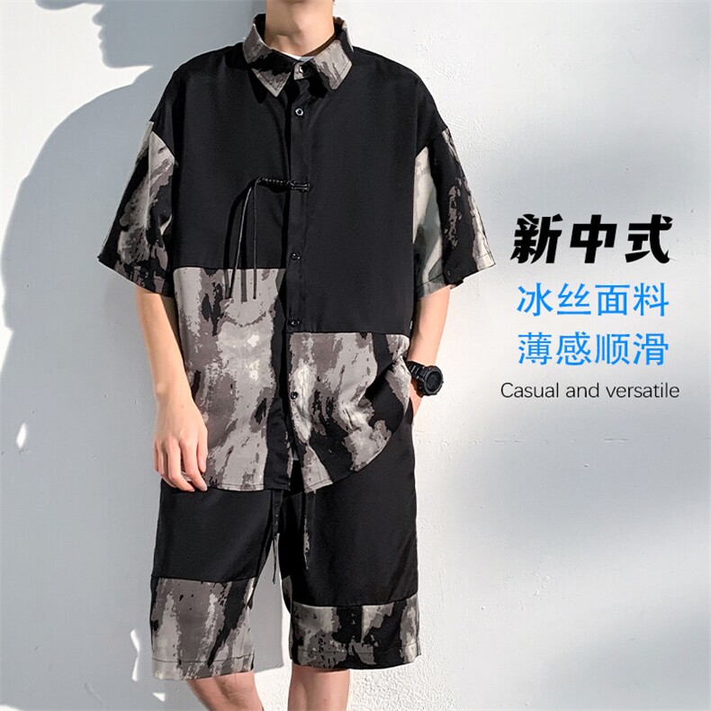 特批P61无差价夏季新中式风盘扣水墨拼接冰丝五分套装男TZ345图片