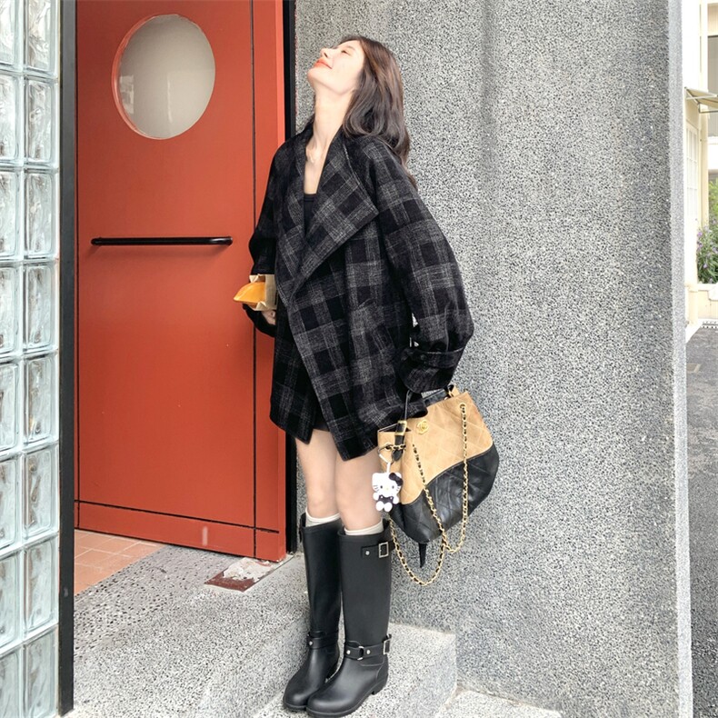 复古大码格纹毛呢外套女2025新款立领系带收腰气质保暖中长款大衣图片