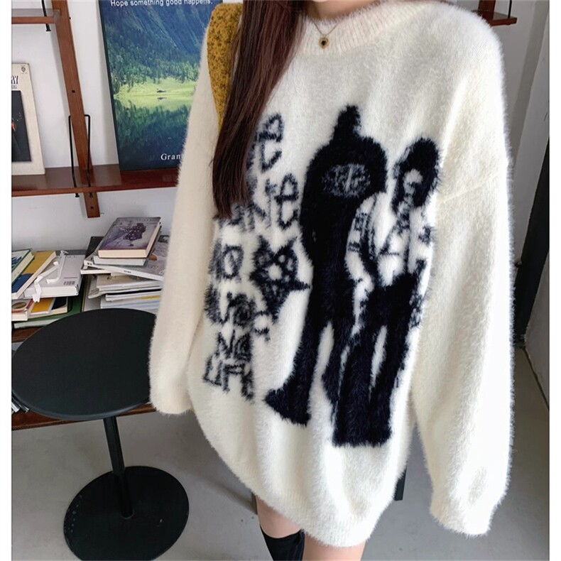 美式圆领字母印花毛衣秋冬情侣宽松休闲复古慵懒风百搭上衣,男装针织衫/毛衣,星座506A