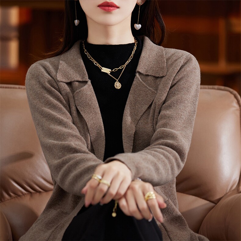 2024秋冬爆款时尚洋气中长款羊绒开衫女翻领毛衣宽松羊毛针织外套,女装羊毛衫,蒙莲贝斯
