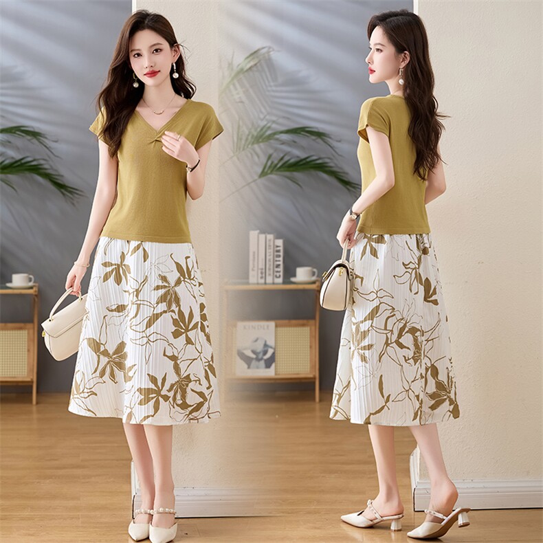 香港大牌轻奢高级感大码短袖T恤印花半身裙两件套，女装套装/套裙，牡丹诺