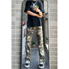 美式vibe迷彩直筒工装牛仔裤男hiphop高街复古微喇修身显瘦休闲裤，男装牛仔裤，星座601-1