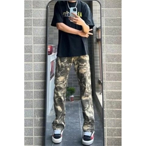 美式vibe迷彩直筒工装牛仔裤男hiphop高街复古微喇修身显瘦休闲裤图片