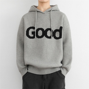 高街复古套头针织帽衫男 GOOD连帽毛衣潮牌秋冬慵懒风情侣外套图片