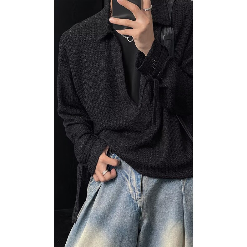 美式cityboy半高V领卫衣男高端灯芯绒polo衫坑条翻领长袖t恤，男装Polo衫，四季星座505