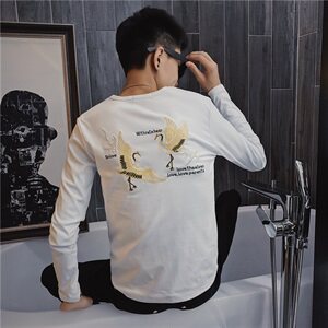 3秋季长袖修身T恤仙鹤刺绣社会小伙韩版潮男打底衫C301B-CT15图片
