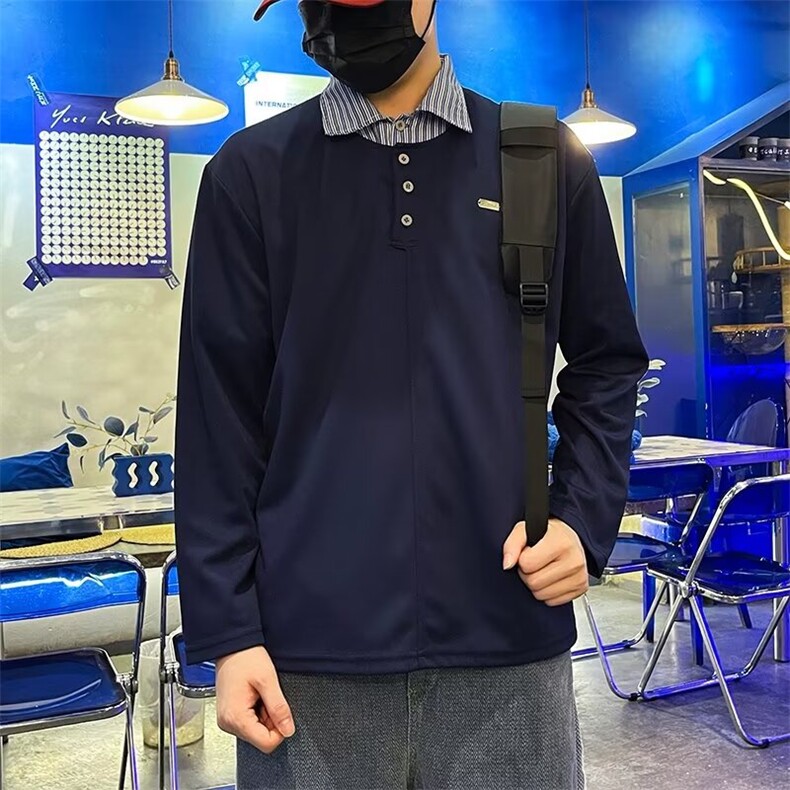 美式假两件条纹拼接polo衫男春秋季潮流设计感翻领长袖t恤TW33,男装T恤,星座1116A-1（原606A）