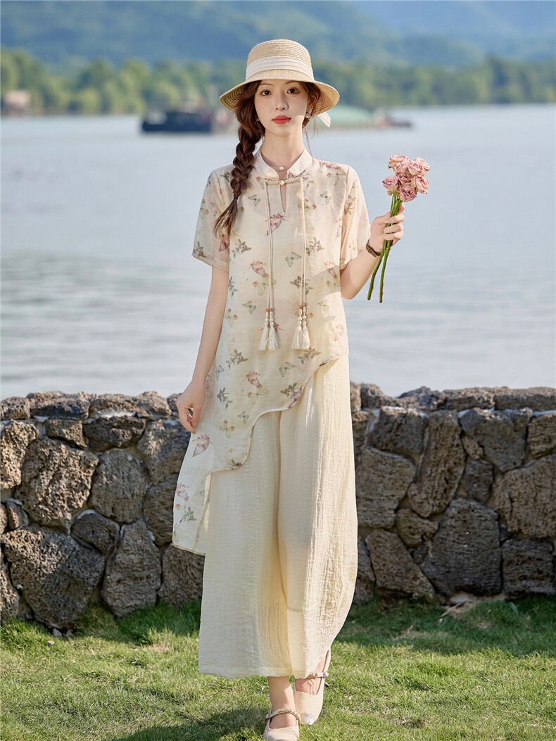 2025年欣品汇8105夏季新中式雪纺印花不规则时尚潮流两件套,女装套装/套裙,欣品汇