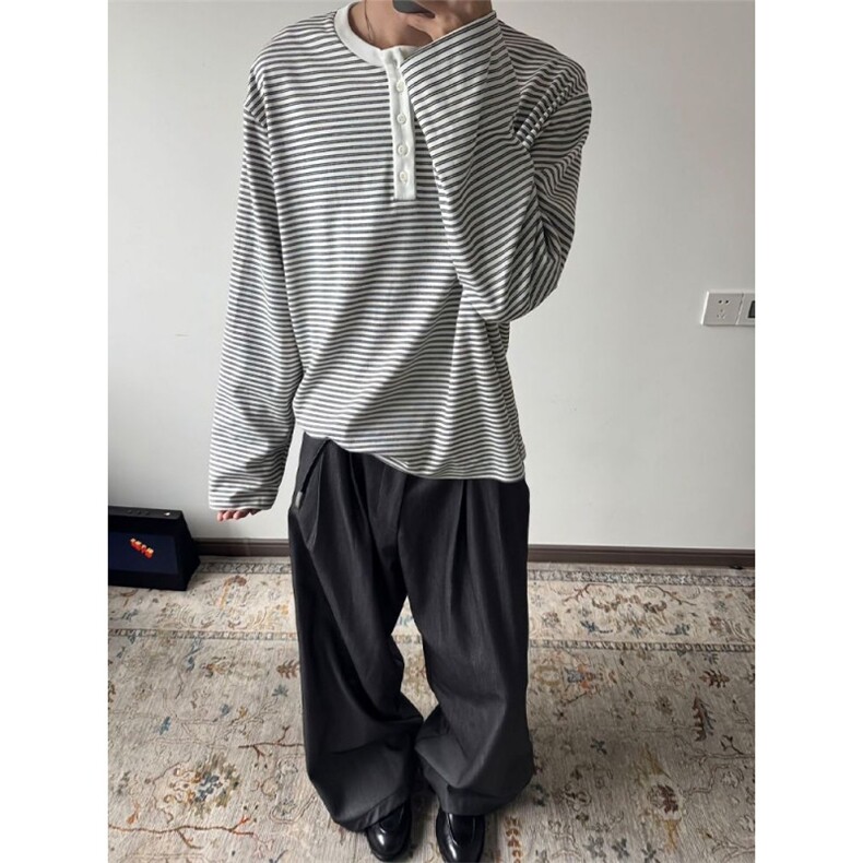 亨利领条纹t恤潮牌美式长袖上衣cleanfit内搭打底衫W191-P50网图，女装T恤，电商B245