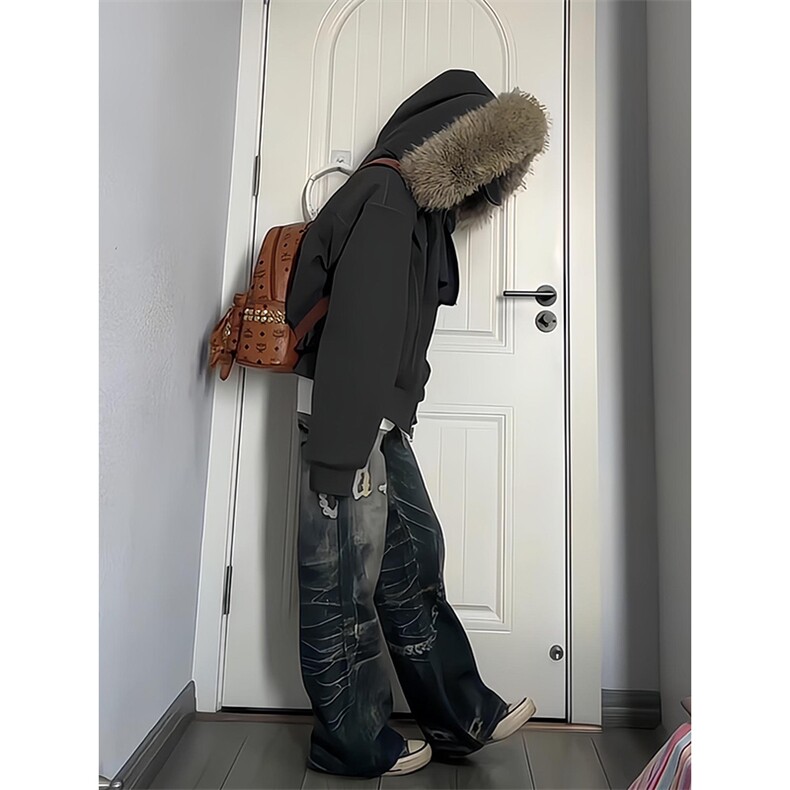 现货重磅boxy短款棉衣座山雕大毛毛领男女棉服水洗工装厚外套,男装棉衣,电商A486