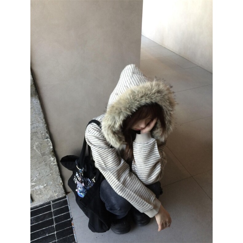 美式复古条纹毛领连帽卫衣外套男女秋冬休闲宽松开衫上衣,女装短外套,星座410-7