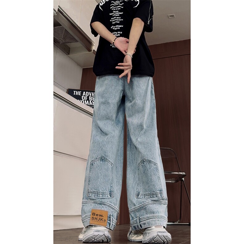 B221美式ins高街暗黑小众拼接宽松直筒牛仔裤LK24169-P60控78,男装牛仔裤,电商B221