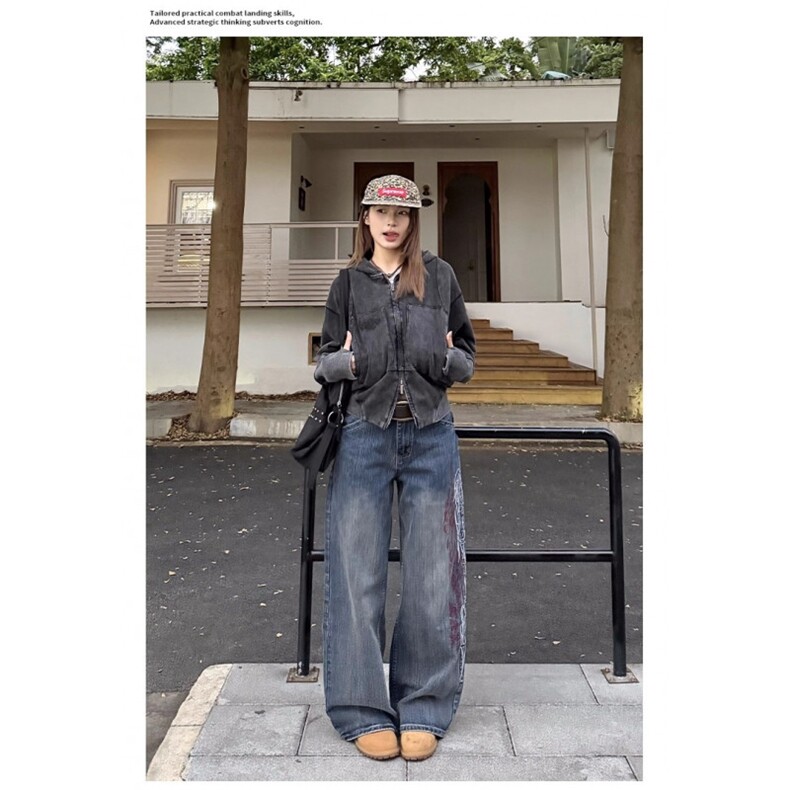 美式复古刺绣宽松直筒竹节纹牛仔裤男女阔腿街头cleanfit长裤潮,男装牛仔裤,星座506A