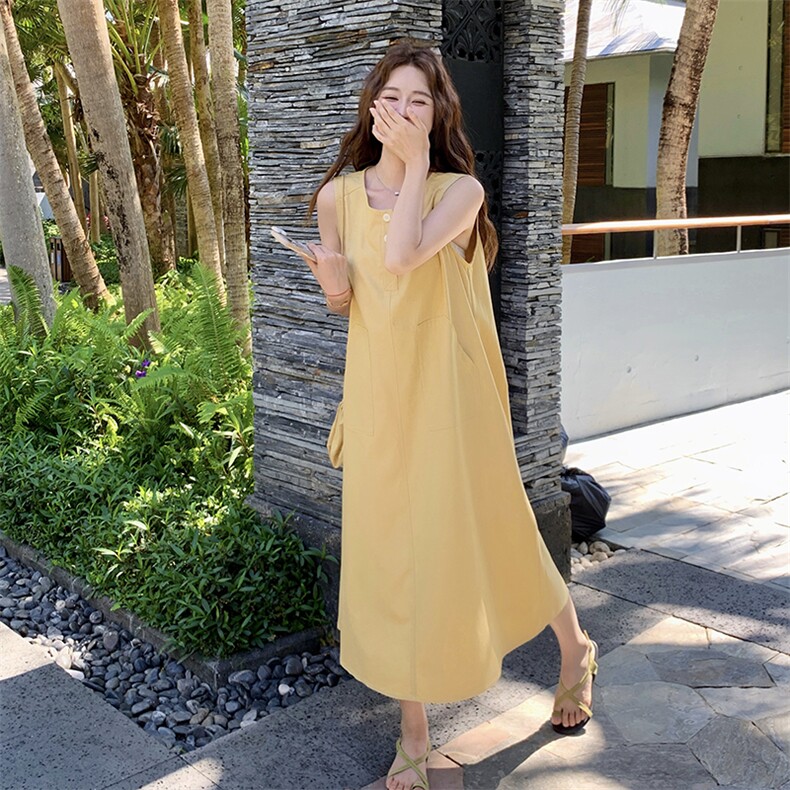 黄色超好看日系文艺连衣裙女2025夏季新款洋气松弛感减龄无袖长裙,女装连衣裙,维壹