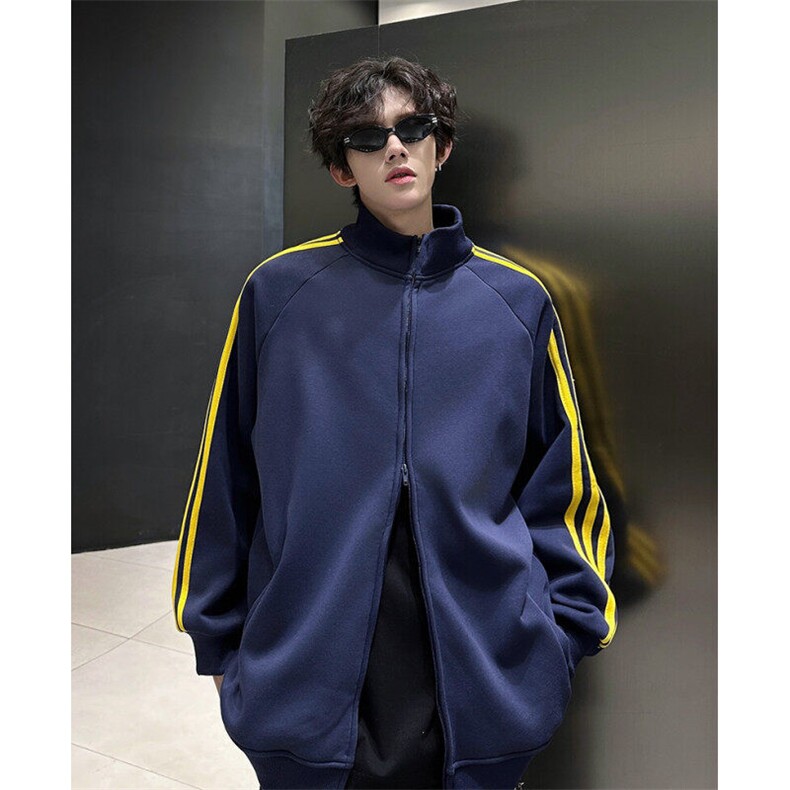 抖音得物高品质25春装重磅全棉三条杠连帽卫衣双拉链开衫外套CM34，男装卫衣，电商A486