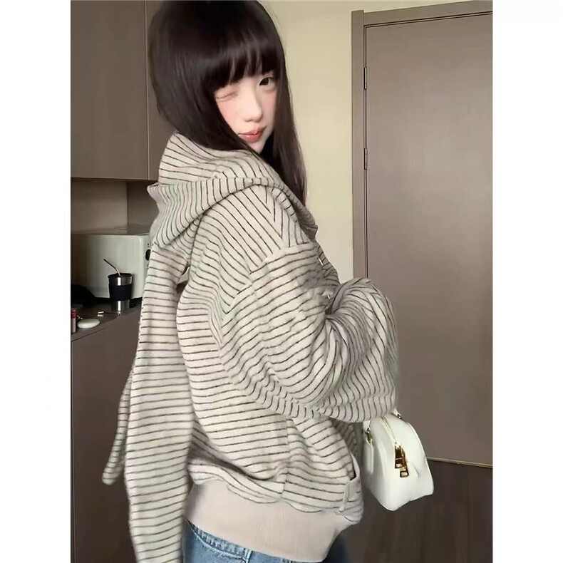 兔毛绒兔耳朵条纹开衫外套拉链衫上衣WY308特P83,女装短外套,星座908-1