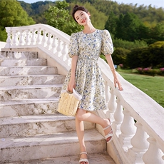 法式优雅泡泡袖连衣裙女2025年夏季新款高腰百搭中长裙潮，女装连衣裙，梦懿尔
