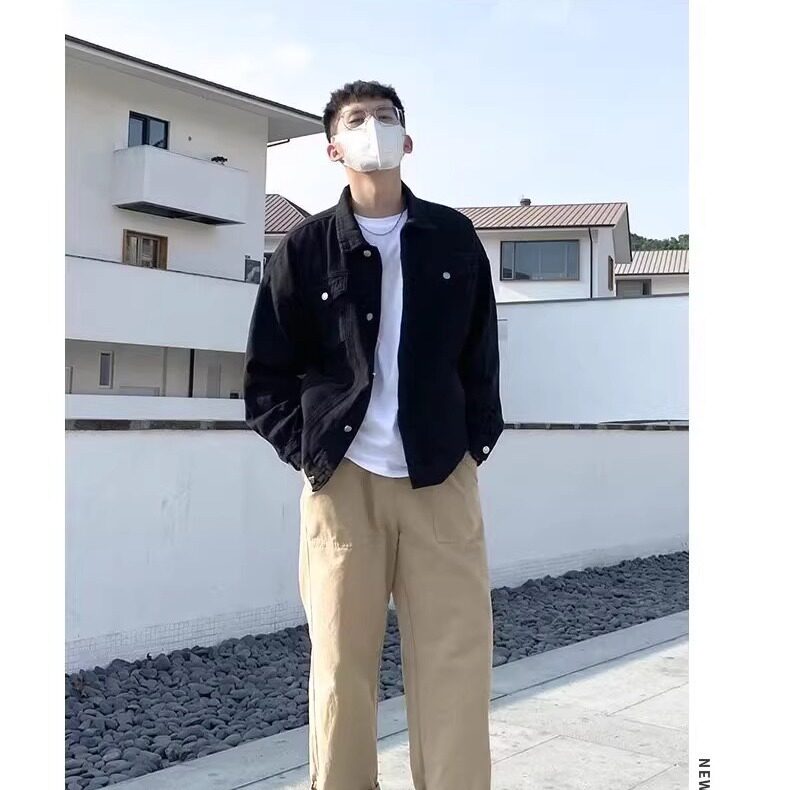 秋冬黑色牛仔外套男韩版宽松痞帅覆古工装夹克衫时尚翻领休闲,男装工装外套,星座506A