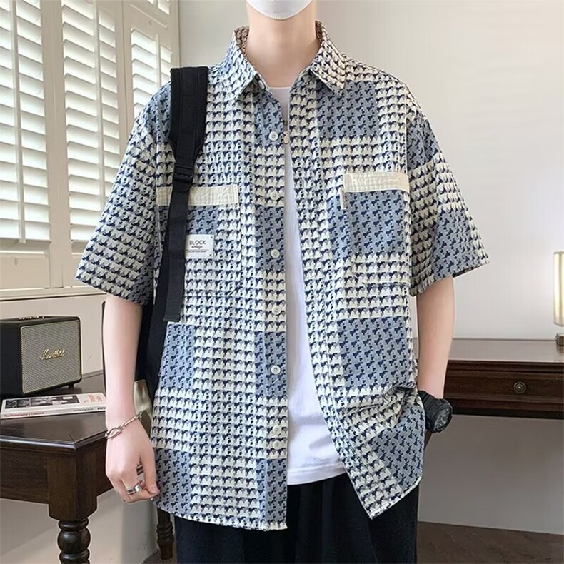 港风宽松青年格子短袖衬衫男士夏季百搭半袖衣服韩版潮流衬衣外套图片