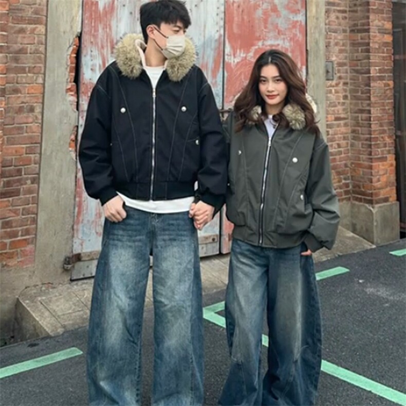 现货重磅boxy短款棉衣座山雕大毛毛领男女棉服水洗工装厚外套,男装棉衣,电商A443