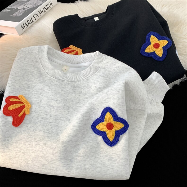韩系小清新花卉印花长袖T恤男女款休闲松弛感圆领卫衣百搭打底衫,男装卫衣,电商B325