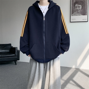 8XL-M秋冬美式运动三条杠条纹开衫卫衣连帽特大码宽松JK5206/P65图片
