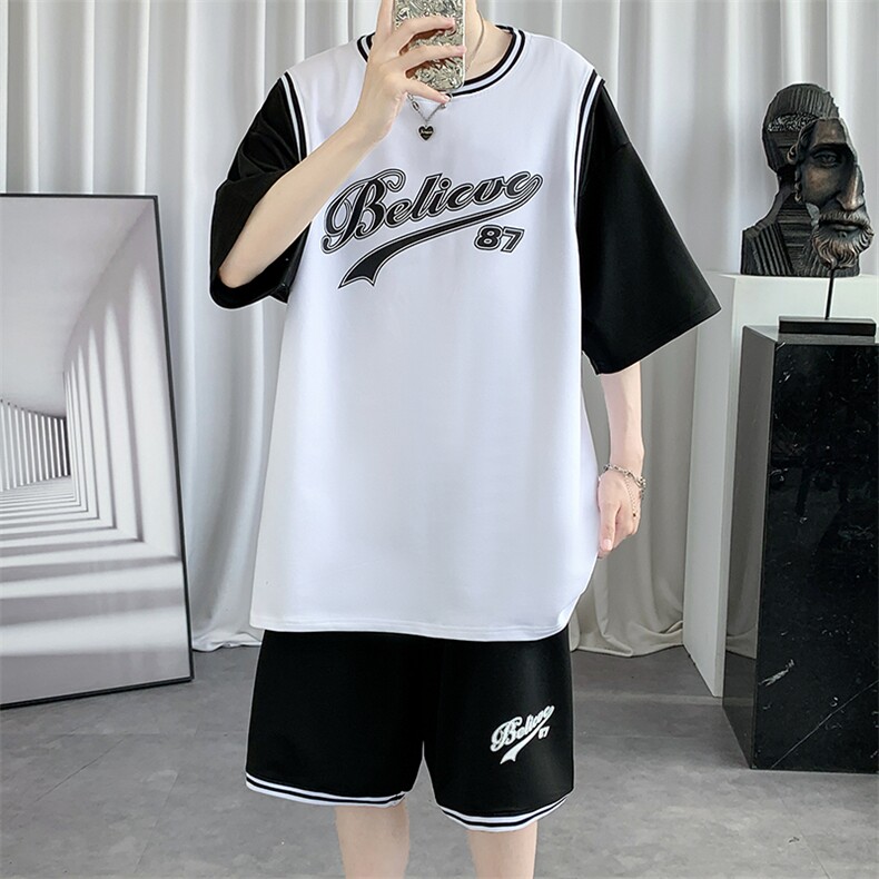 夏季运动休闲套装男假两件纯棉宽松短袖短裤篮球服F312P60控89,男装休闲套装,电商A086