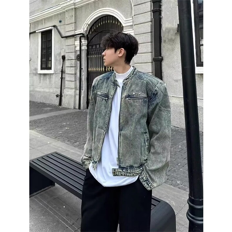 现货重工水洗短款牛仔外套春秋季小众设计复古垫肩牛仔衣立领夹克，男装工装外套，星座302B-3