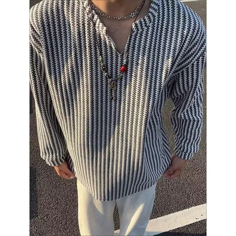 QC3273-P34秋季肌理感小V领长袖t恤男款轻薄美式慵懒风卫衣,男装T恤,电商B323A