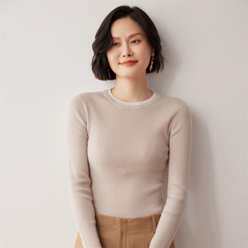 秋冬新款洋气时尚百搭显瘦女款圆领35%山羊绒衫,女装羊绒衫,艾巧羊绒