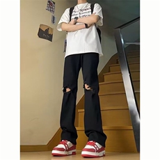黑色微喇破洞牛仔裤男款夏季穿搭裤子痞帅修身显瘦直筒裤N7027，男装牛仔裤，星座1116A（原606A-3）